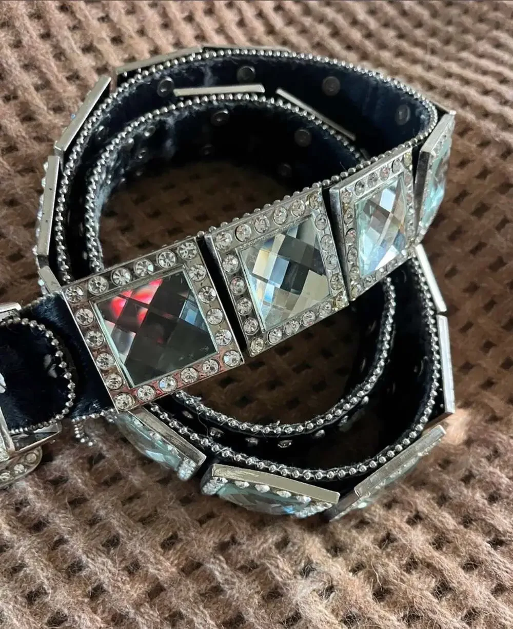 WB Atlas Western Rhinestone Bling Belt Black Leather Crystal Studded Size M